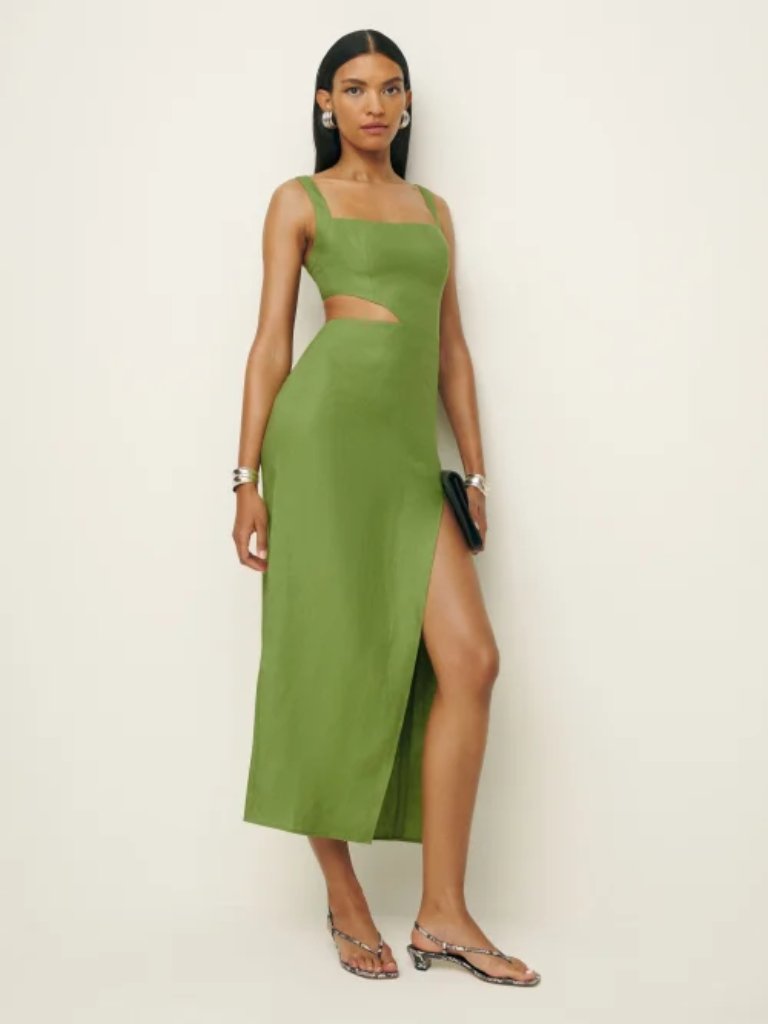 Nwot Reformation Satori Linen Dress In Avocado Green Sleeveless Midi Size 6